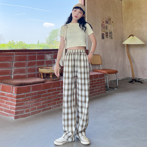 Plaid pants children's autumn thin loose high waist hanging feeling  new ins straight tube leisure floor wide leg pants