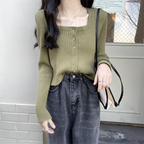 Real price real shot solid color pit stripe knitted cardigan women's new slim bottomed sweater top in autumn 2021