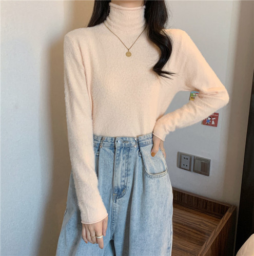 Real shooting and real price autumn and winter new versatile soft plush high neck knitted sweater with bottomed blouse for women