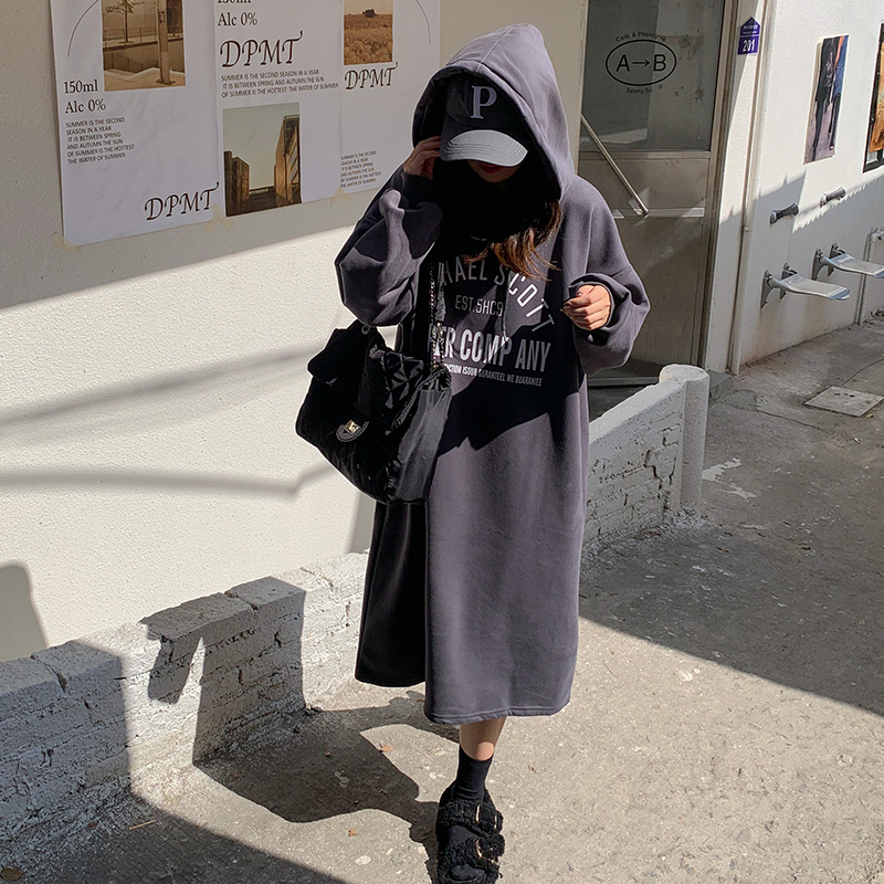 Real shot Plush thickened double layer hat hooded skirt women's long loose lazy skirt fashion