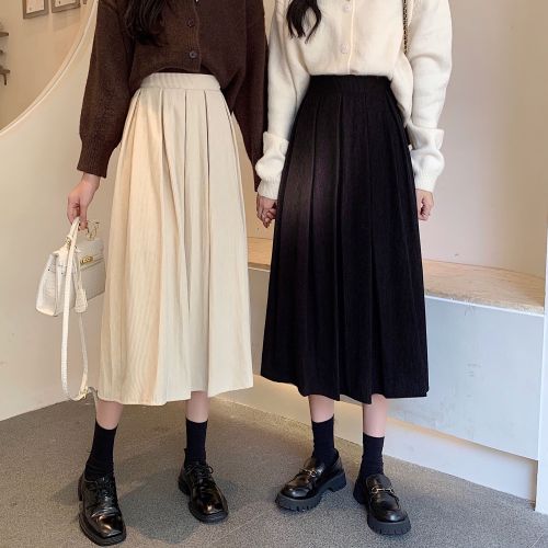 Real price Korean corduroy pleated mid length skirt in autumn and winter