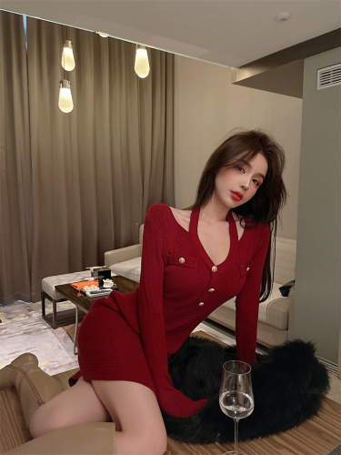 Real price sexy neck hanging knitted dress women's inner long sleeve slim fit V-neck