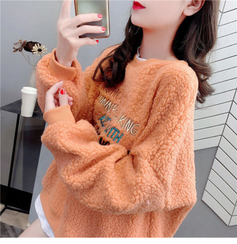 2021 new embroidered letter stitching fake two pieces of imitation lamb wool sweater women's winter Plush thickened coat fashion