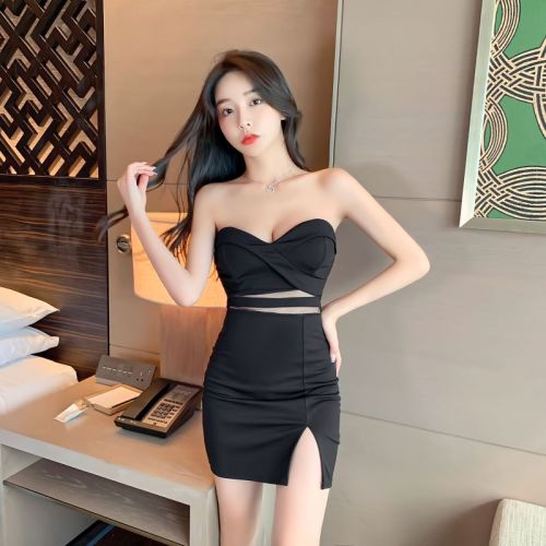 Real shooting sexy Strapless perspective split Hip Wrap small dress bottoming skirt