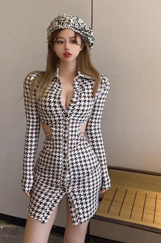 Real shooting lattice fashion sexy temperament tight slim fit bag hip split button long sleeve open waist dress women