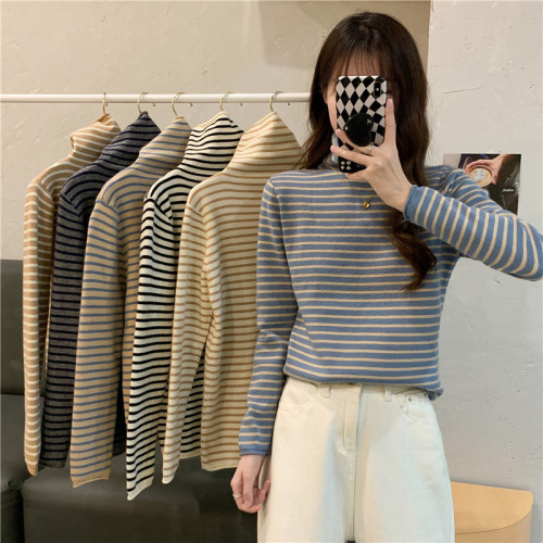 Real price double-sided German velvet autumn and winter versatile striped high neck women's sweater foreign style top with bottom shirt inside