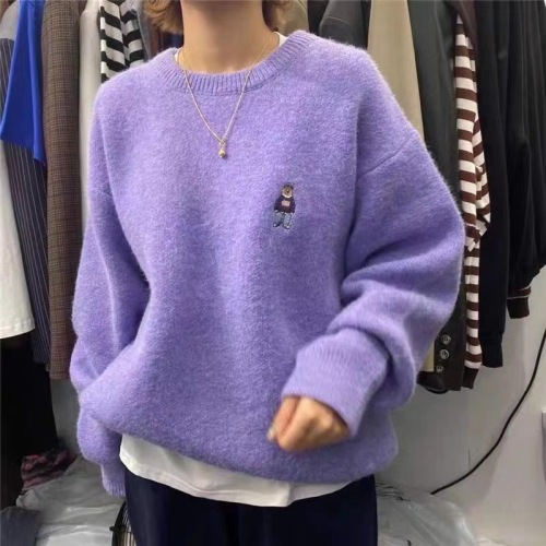 Little bear embroidered soft waxy Korean lazy style Pullover Sweater women's 2021 new autumn and winter loose outer wearing soft top