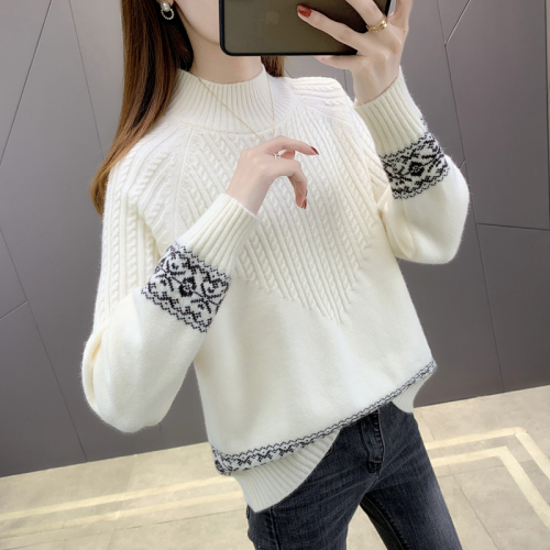  new thickened loose women's sweater jacquard versatile knitted bottomed shirt pullover with foreign style top inside