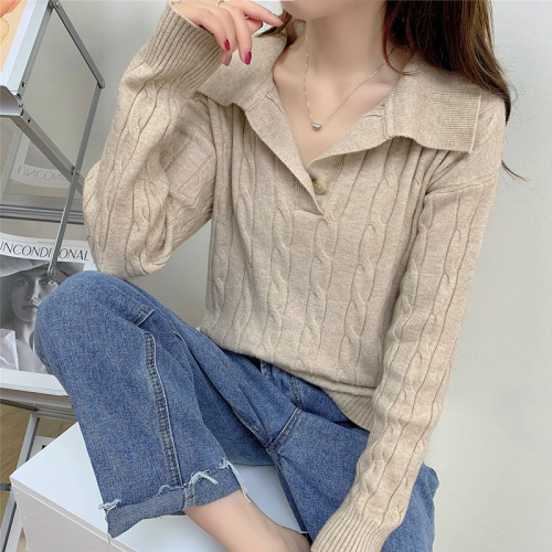 South Korea lazy wind soft waxy versatile thin outside wearing a twist sweater top Lapel Polo Vintage knitting