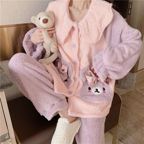 Real price Korean version of winter coral velvet sweet and lovely bear embroidered furry warm home clothes