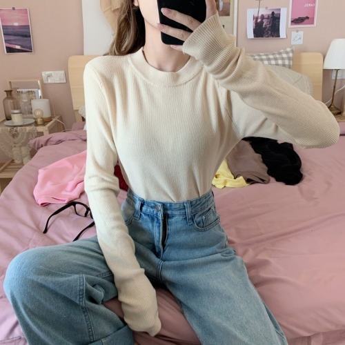 Real price real shot Pro skin soft waxy candy color thickened versatile round neck solid color sweater backed long sleeve sweater