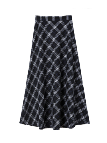 Vintage plaid skirt women's high waist  new medium length slim black A-line large swing skirt