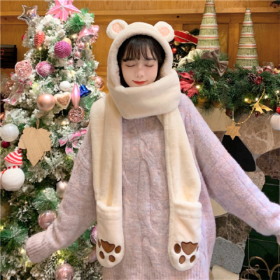 Official figure real price scarf hat integrated hat cute Bib Little Bear Plush ear protection Hat Winter