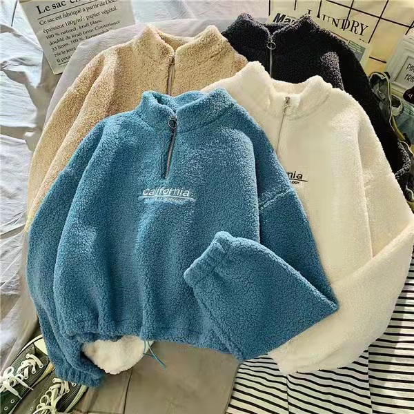 Cashmere autumn and winter short half high collar sweater women's Plush thickened Korean loose