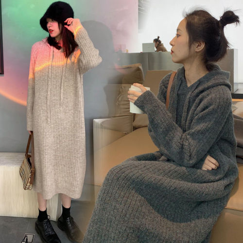 Hooded sweater sheep dress women's autumn and winter new loose thin medium long knee thick knitted skirt