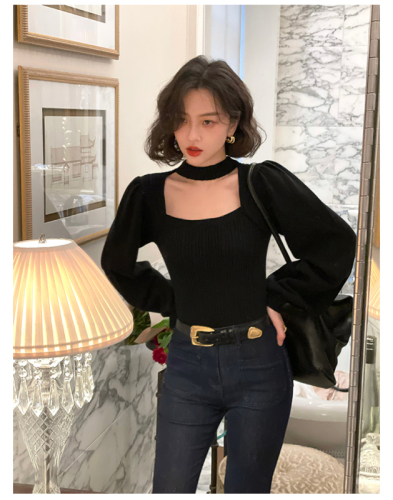 Hong Kong style retro winter new red hanging neck square neck wool sweater with thin bottomed blouse inside the pit strip