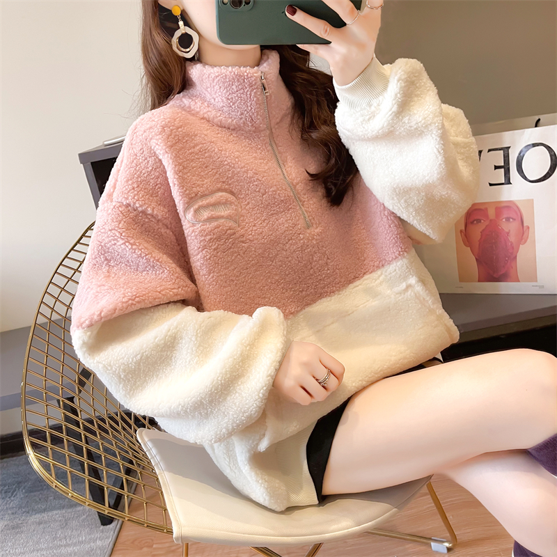 Actual shooting of new spring and autumn sweater women's lamb cashmere embroidery sweater women's winter high neck Plush thickened jacket