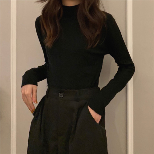 Real shooting real price core spun yarn personalized crimping knitted half high neck Pullover bottomed sweater women's sweater
