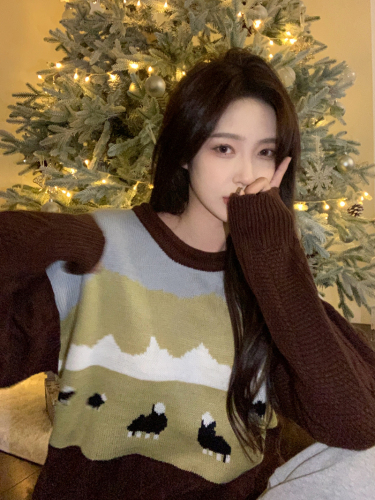 Real shooting of new autumn and winter Korean lamb color matching foreign style loose knit long sleeve sweater college style