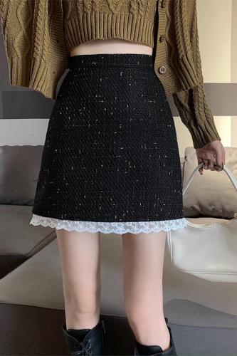 Real shooting real price ~a word half length skirt women's small fragrance Hip Wrap Skirt lace splicing high waist tweed short skirt with boots
