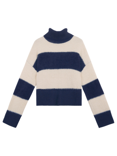 Mohair high neck Pullover Sweater women's autumn and winter thickened loose outer wear lazy Korean Striped Sweater Top