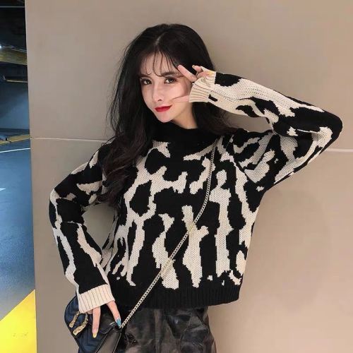  autumn winter new half high collar leopard loose and versatile bottomed sweater Korean long sleeve short blouse women