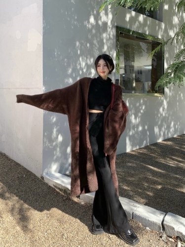 Real price foreign style wide leg pants comfortable leisure two-piece set of soft waxy mink cardigan medium and long wool coat