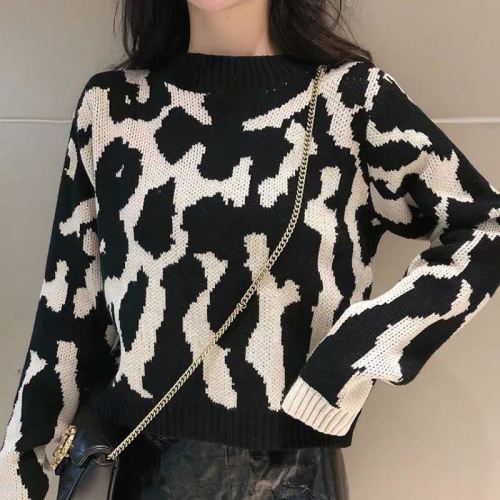  autumn winter new half high collar leopard loose and versatile bottomed sweater Korean long sleeve short blouse women