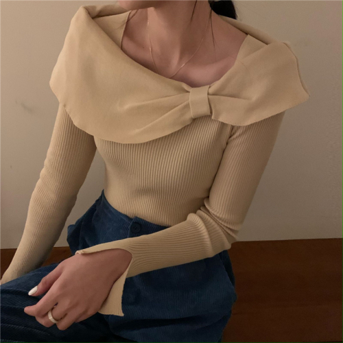 Korean version of careful machine bow straight neck slim knit Pullover Top
