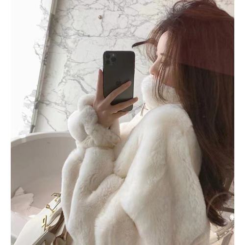 Short hooded lamb fluffy coat women's autumn and winter loose imitation Rex Rabbit Fur and plush thickened stand collar zipper sweater