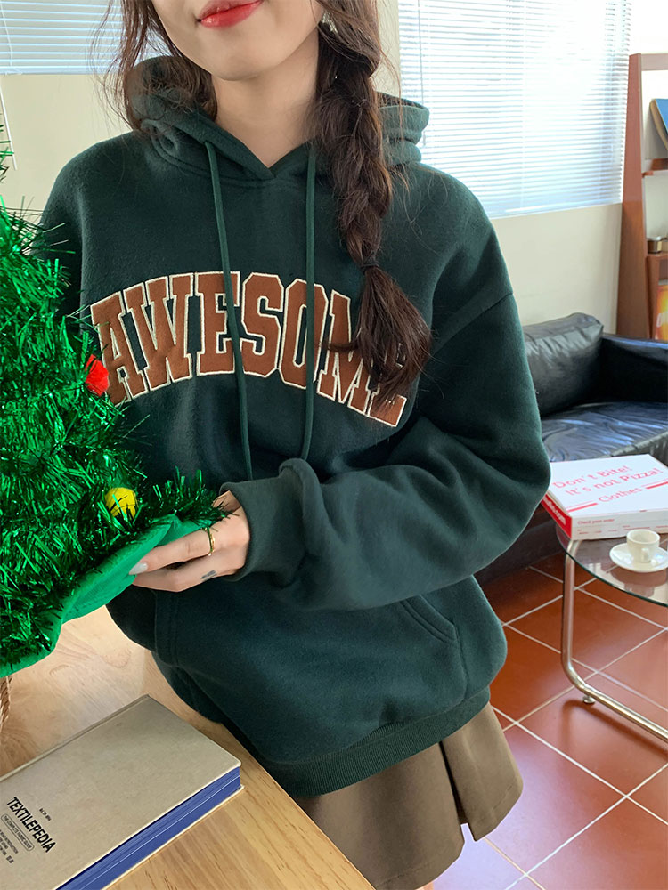 Real shooting warm Plush Korean retro letter Hooded Sweater Jacket female christmas green versatile jacket