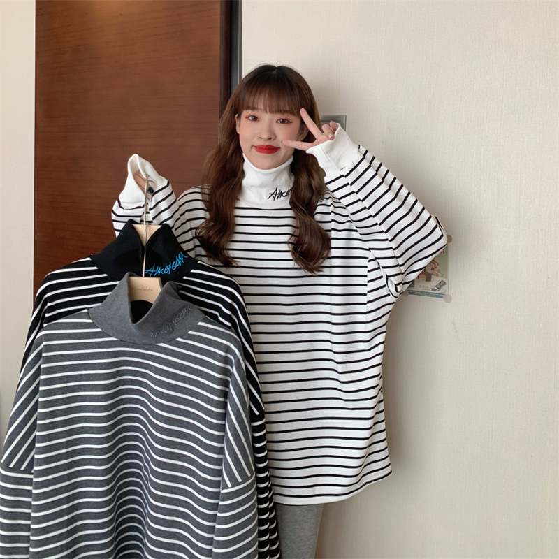 Real price high collar striped Plush sweater winter Korean lower garment missing large long sleeve blouse women