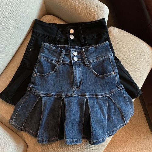 Real shooting real price fried street fashion hot girl pleated denim skirt high waist age reduction versatile Hip Wrap A-shaped skirt