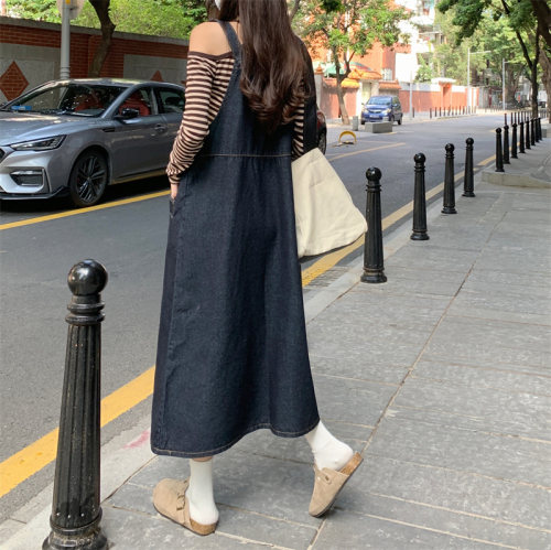 Actual shooting of new fat mm large women's wear aging denim medium length loose and thin suspender skirt s-5xl200 kg