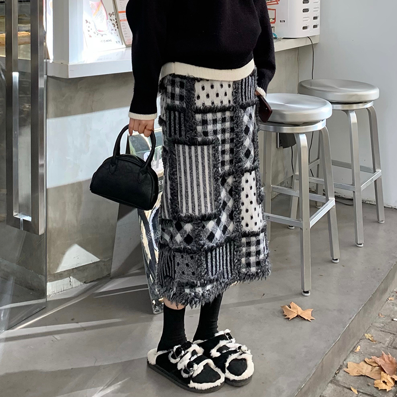 Real price ~ pieced together happy design, high waist, thin woolen skirt, vintage a-word long skirt