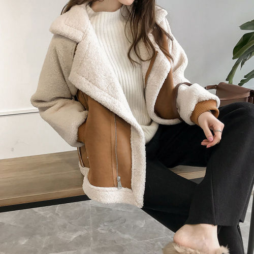 Suede coat women's autumn and winter short short small loose thickened fur one fried Street lamb cashmere motorcycle clothes