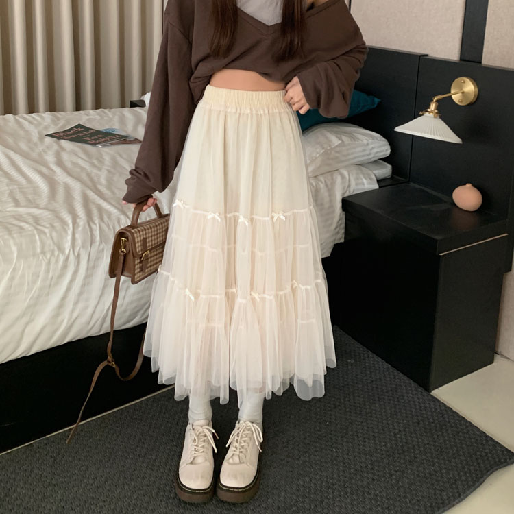 Real price ~ New Retro French high waist thin ins super fire long skirt fairy mesh skirt