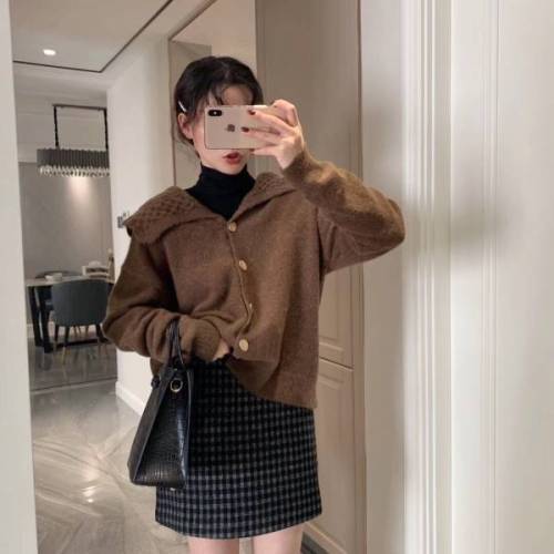 Japanese sweater coat women's autumn and winter new doll Lapel loose lazy Navy style versatile knitted cardigan