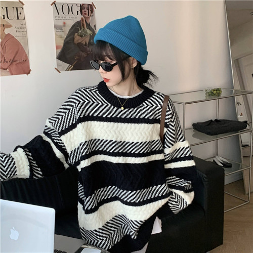 Striped sweater women's autumn winter loose Pullover lazy wind wear thin knitted sweater top chic early autumn coat