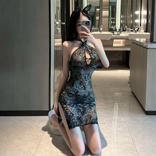 Real shot ~ Sexy Lace peacock split open back sling V-neck nightclub low chest hollow out perspective dress female