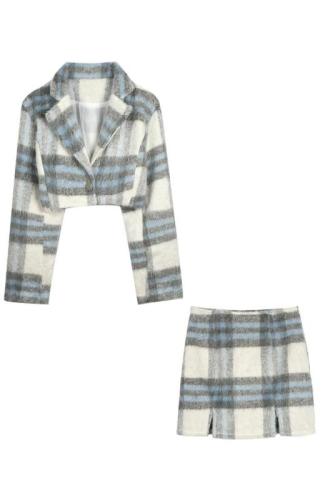 Real price real shooting small fragrant wind Wool Plaid short suit top + high waist skirt