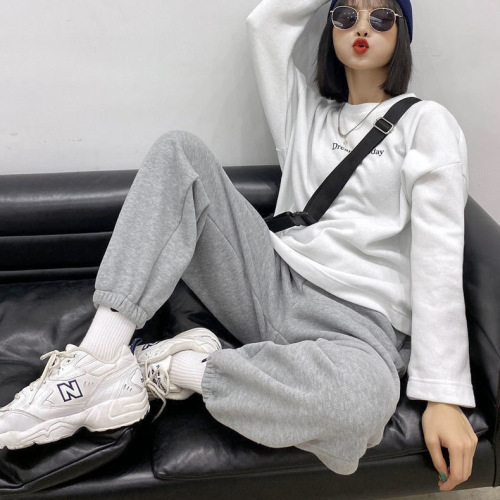 Plush and thickened sweatpants women's loose legged autumn and winter grey slim and versatile new casual pants Harlan pants