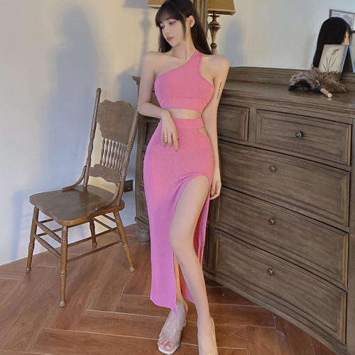 Real shot ~ Sexy European and American fashion single shoulder suit women's oblique shoulder non Vest + long split skirt women