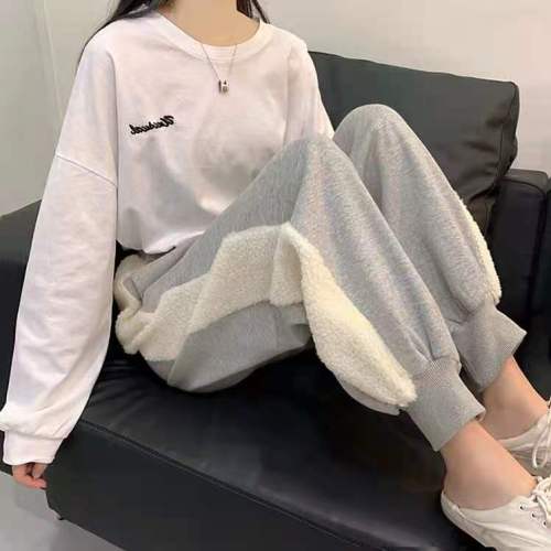Korean new style cashmere sweatpants women's loose legged casual pants Plush thickened warm pants in autumn and winter