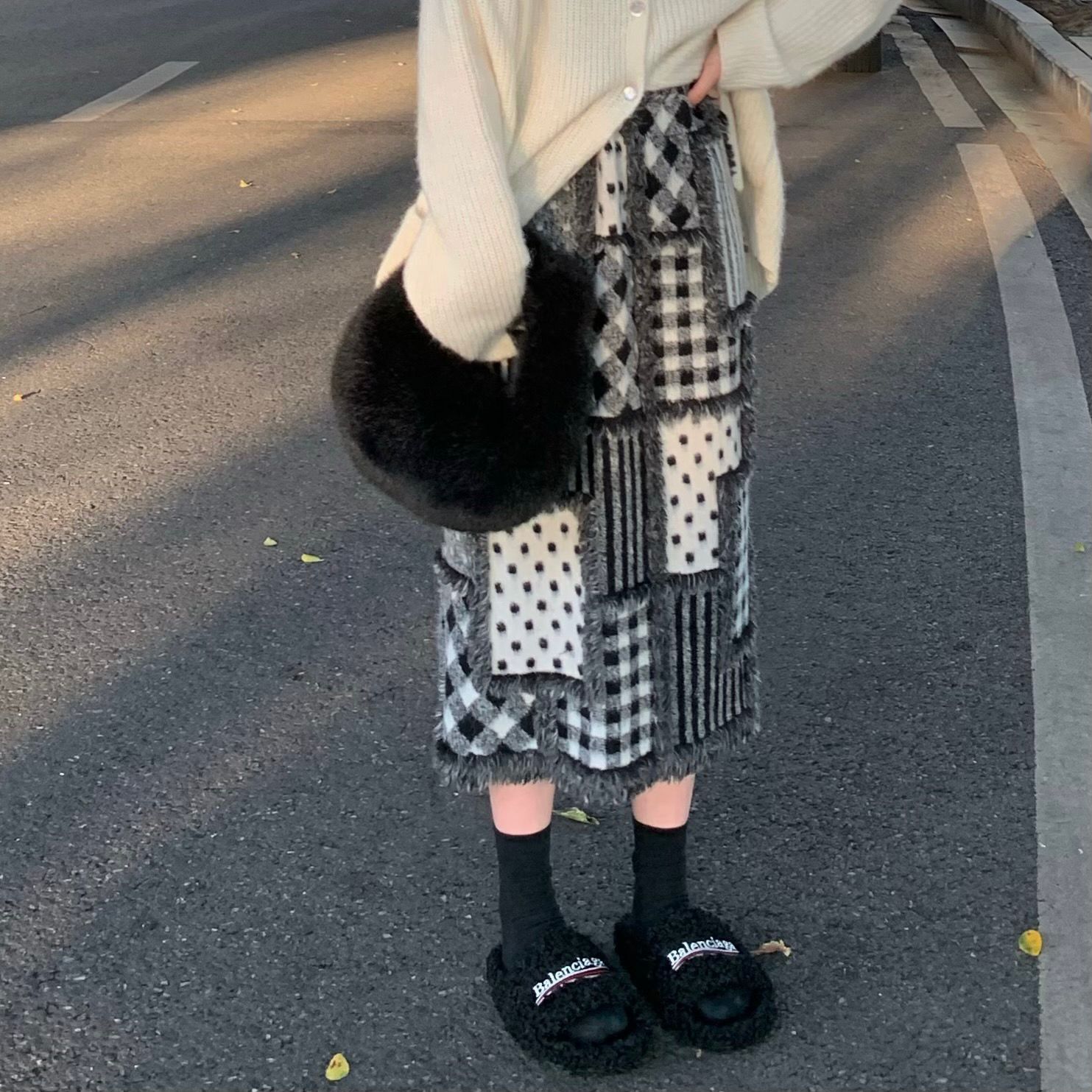 New real shooting, real price, pieced together happy design, high waist, thin woolen skirt, women's Retro a-word long skirt