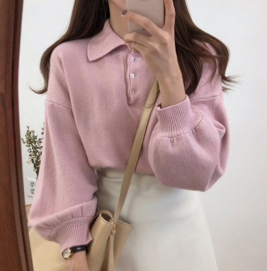 Polo neck bubble sleeve sweater Pullover Sweater