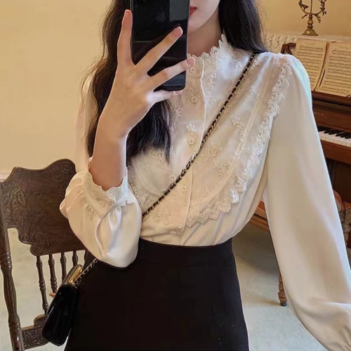 Lace white shirt women's autumn winter French retro design stand collar top foreign style bubble sleeve bottomed shirt