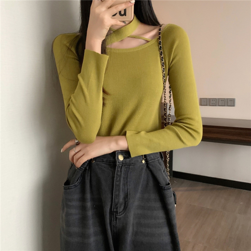 Real shooting, real price design, cross hanging neck, long sleeve knitted bottoming shirt, slim fitting short T-shirt, women's top