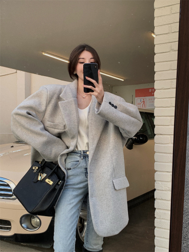 Real price Korean lazy medium long suit wool tweed cotton thickened Korean coat