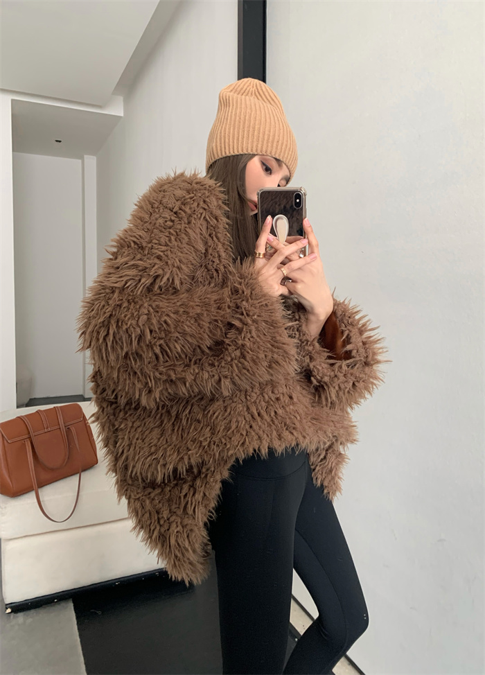Real price loose V-neck lamb wool medium and long coat